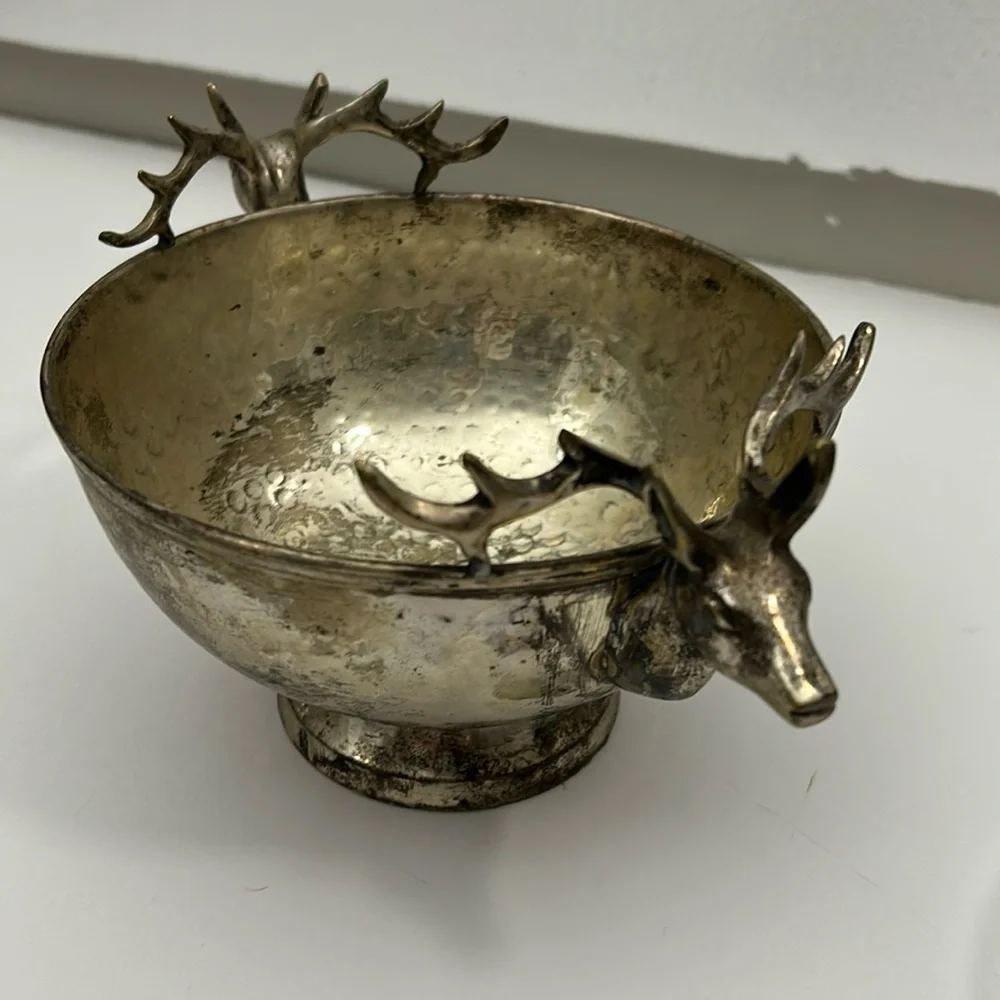 Vintage Silver Plate Hammered Bowl with Stag Handles SKU 1492